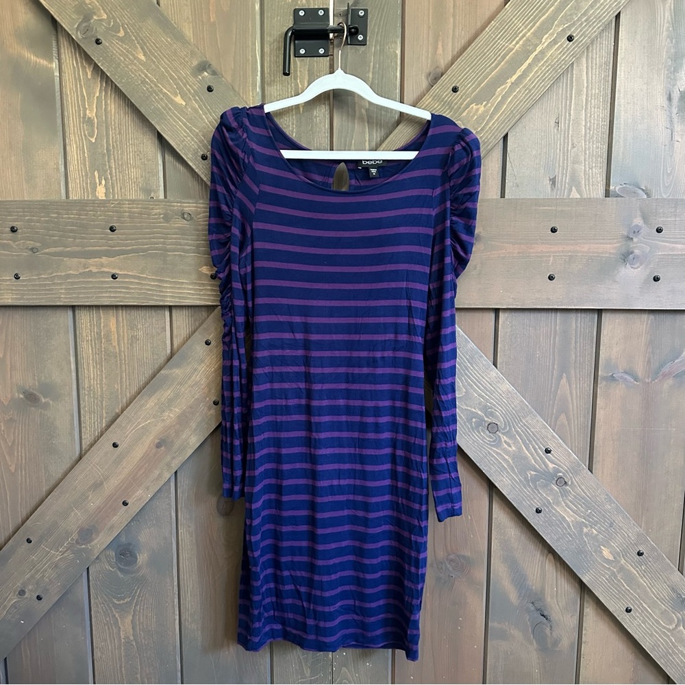 bebe Purple & Navy Striped Knit Dress